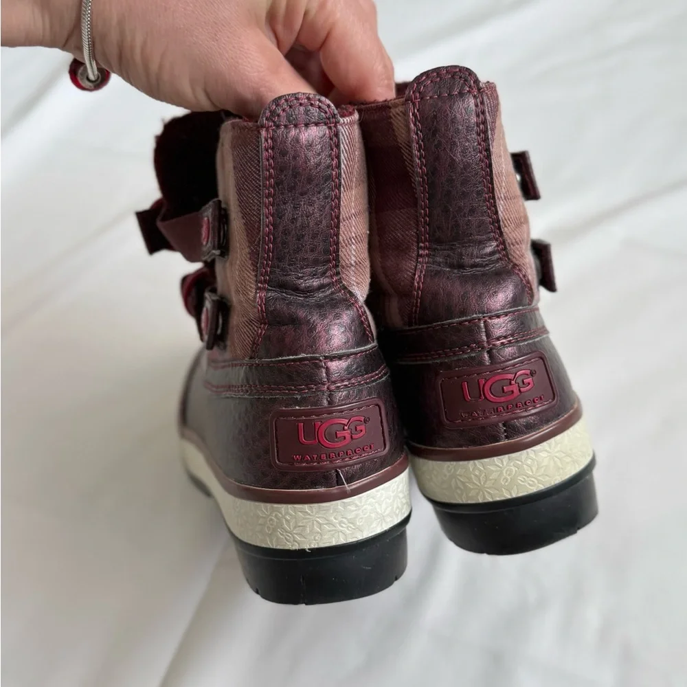 UGG Marrais Plaid Double Buckle Waterproof Lined Boots - Metallic Plum/Burgundy